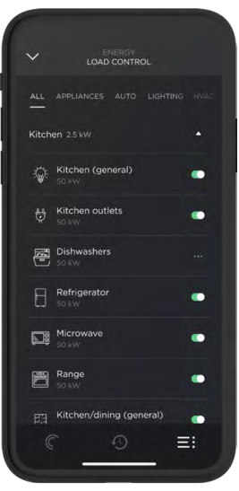 Smartphone displaying load control settings for household appliances